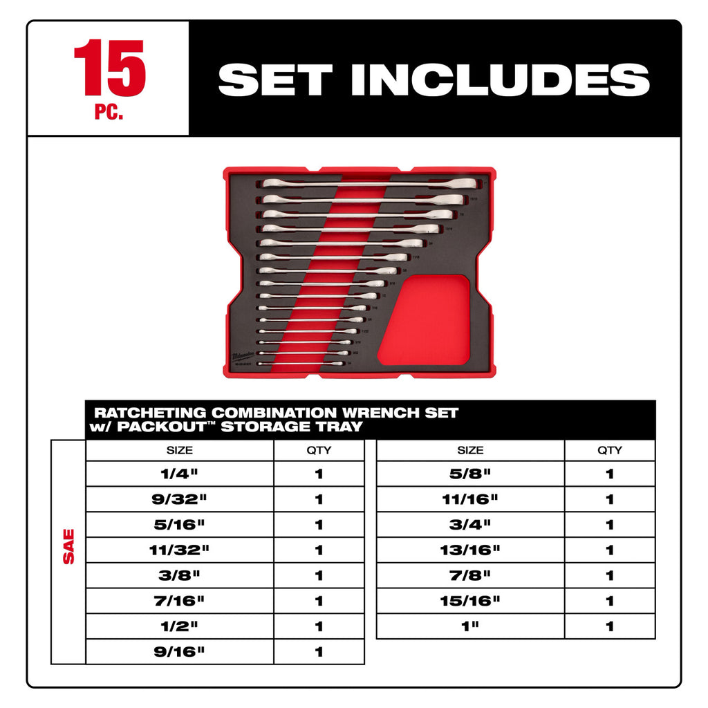 15pc. SAE Ratcheting Combination Wrench Set with Tray for PACKOUT™ Drawers