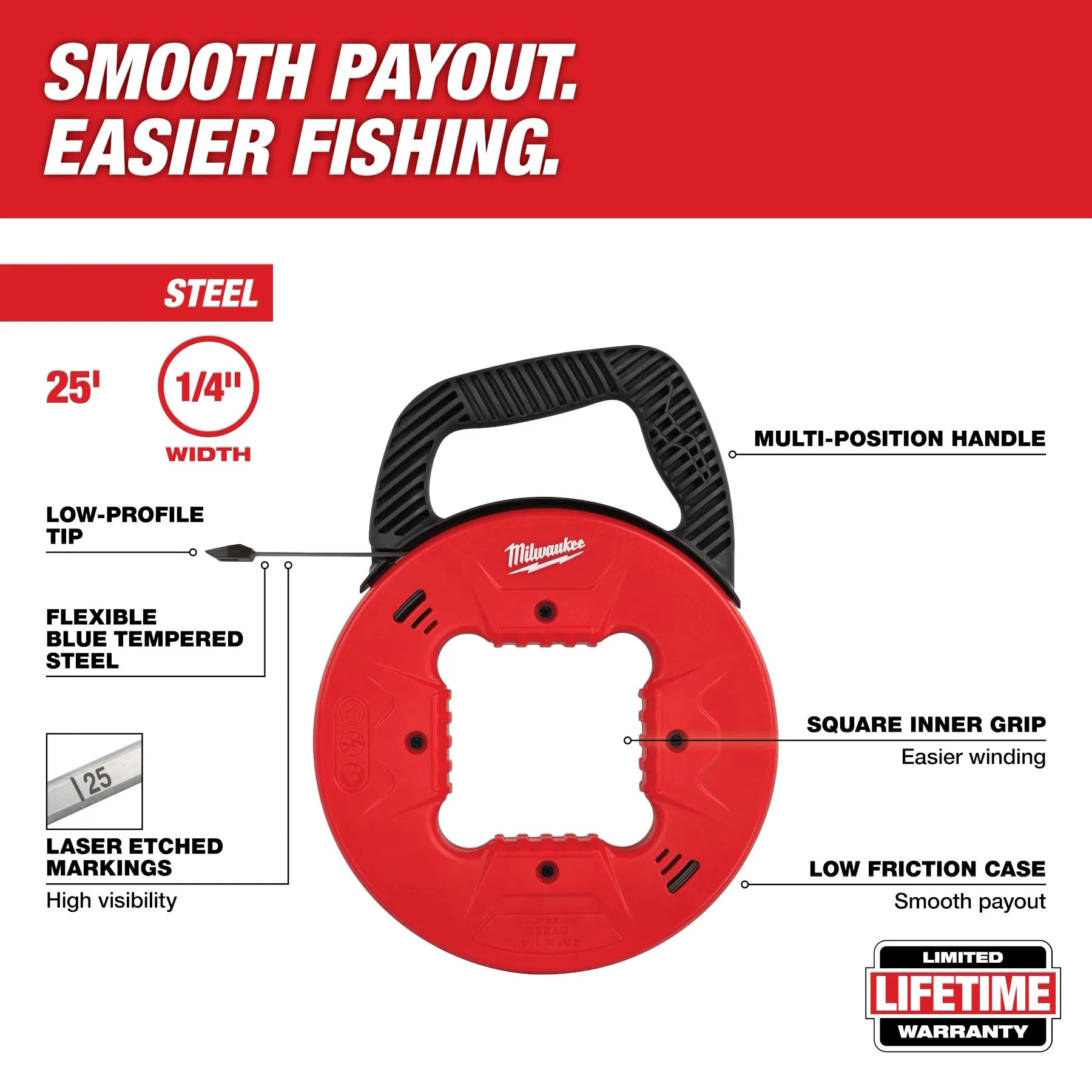 25’ 1/4" Steel Fish Tape w/ Low Profile Tip