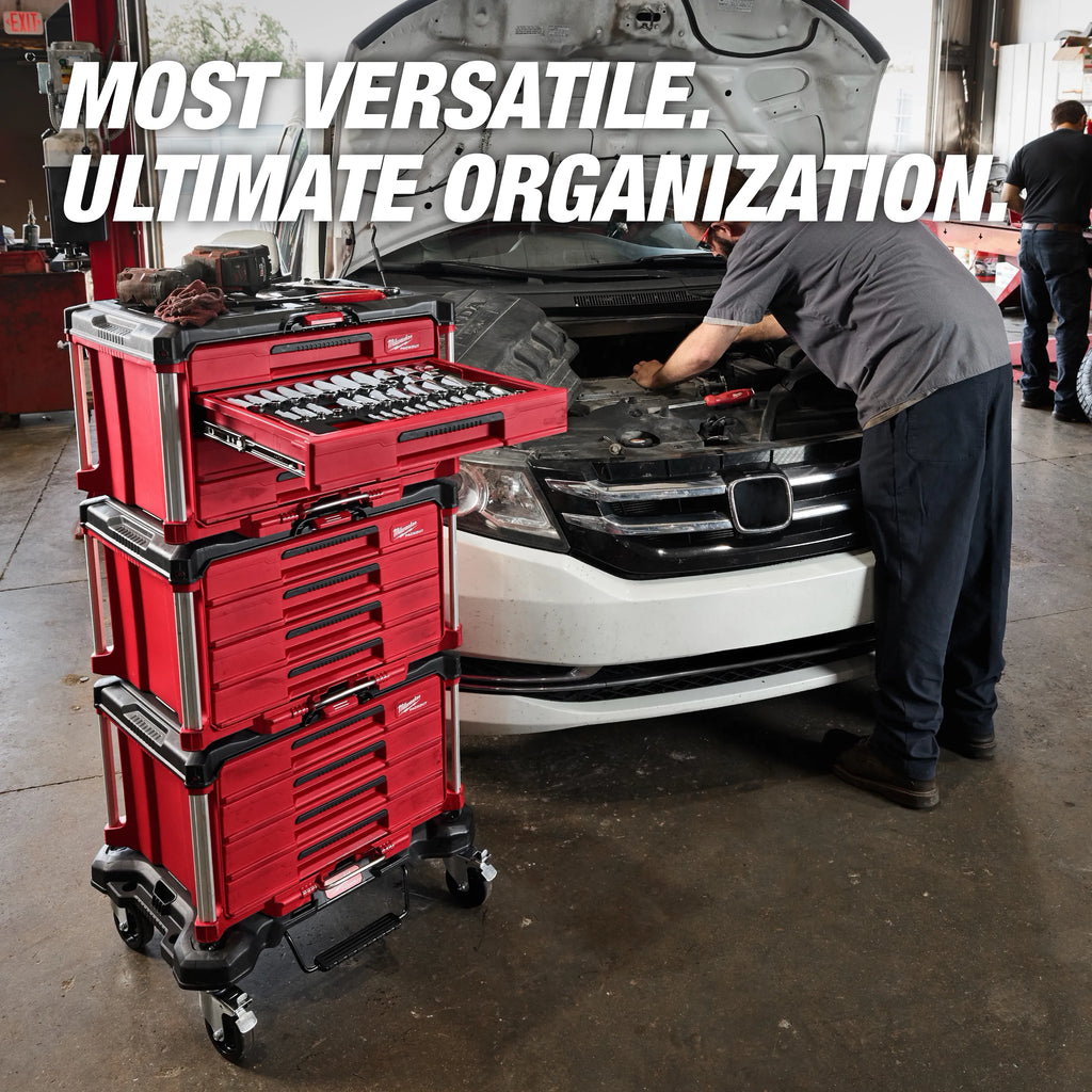 242pc. 1/4”, 3/8”, & 1/2” Drive Metric & SAE Ratchet & Socket Set with PACKOUT™ 4-Drawer Tool Box