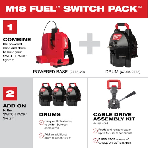 M18 FUEL™ SWITCH PACK™ Sectional Drum Machine with 5/8” Open Wind Cable