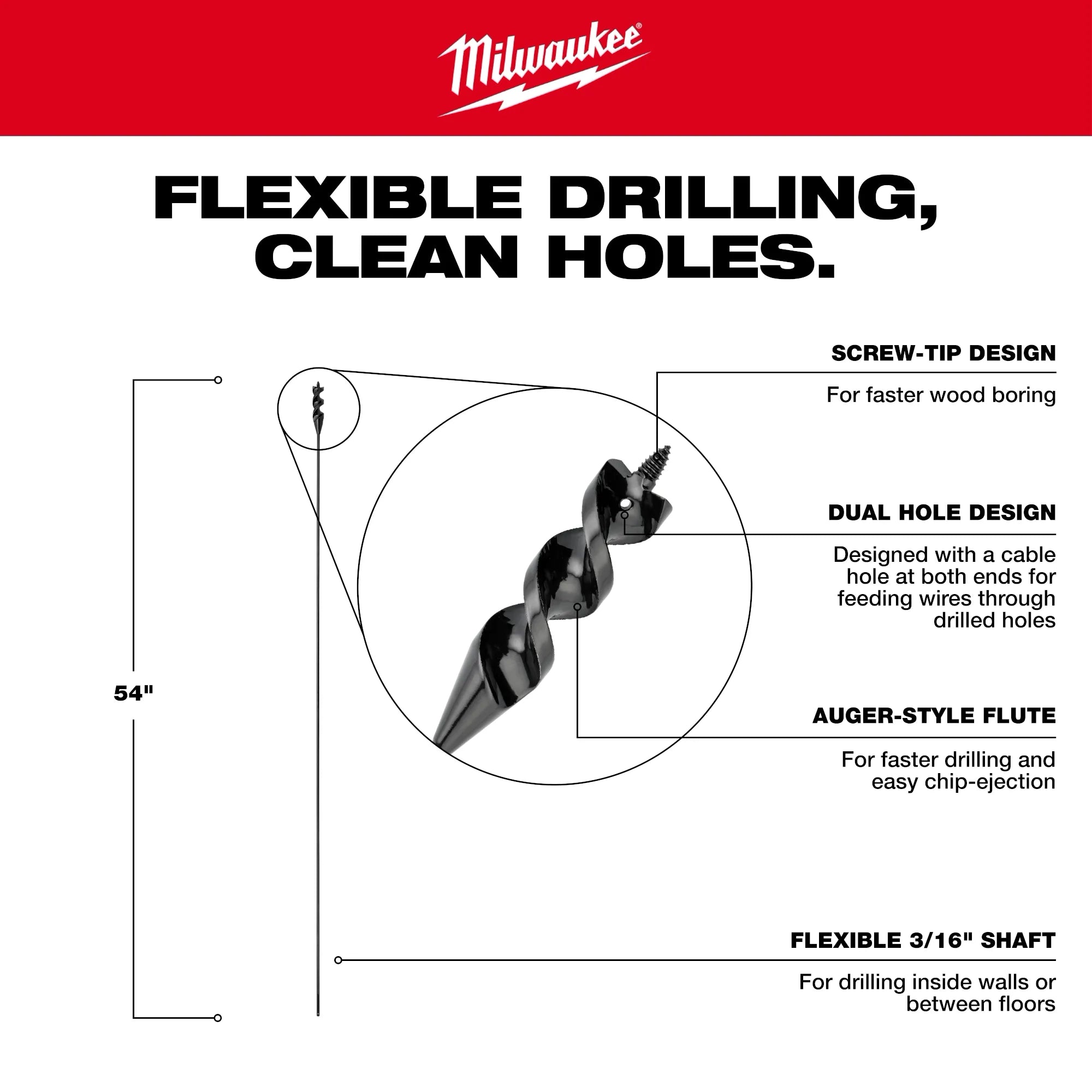 1/2” x 54" Flexible Cable Auger Bit